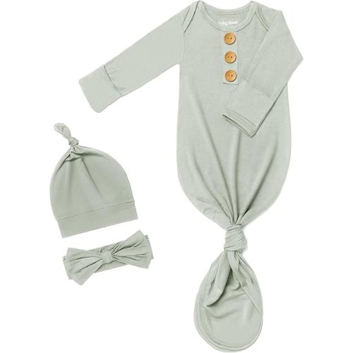Soft Newborn Knotted Gown with Hairband and Hat, Baby Boy Girl Coming Home Outfit, Sleeper Baby Sleep Gown with Mittens