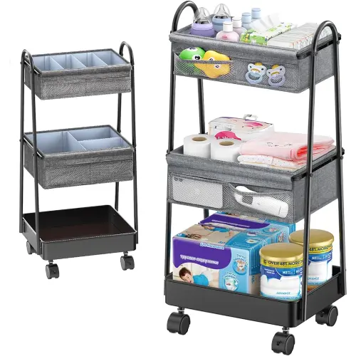 Baby Diaper Caddy Cart Organizer - 3 Tier Rolling Utility Cart Newborn Baby Nursery Essentials, Large Capacity, Easy to Assemble, Storage Rolling Cart for Bedroom, Changing Table & Crib