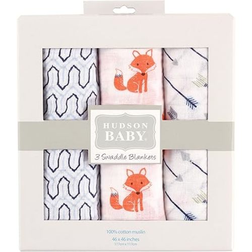 Hudson Baby Unisex Baby Cotton Muslin Swaddle Blankets, Foxes, 3-Pack