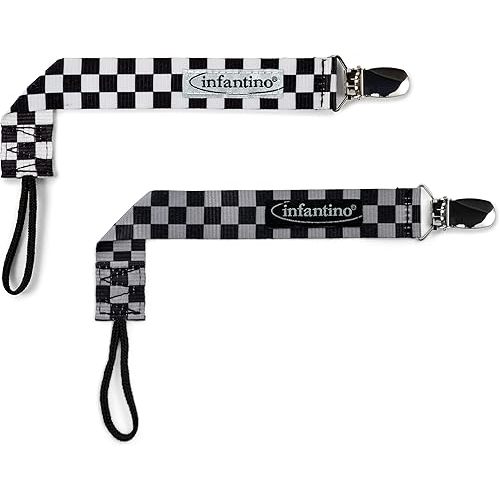 BooginHead by Infantino PaciGrip 2-Pack Pacifier Clips – Universal Fit, Gentle on Clothes, Keeps Pacifiers Clean & Close, Ages 0-36 Months, Black, Grey and White Skater