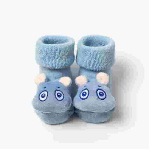 Tao Tao Baby Boys Girls Booties Slippers Cozy Knitting Cotton Booties, Infants Soft Warm Cartoon Hippopotamus Socks Newborn Crib Sock Shoes Walking Socks Shoes Light Blue 0 Years