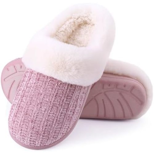 Evshine Warm Knit House Slippers for Women Comfy Wool-Like Lined Chenille Slippers with Memory Foam and Indoor Outdoor Soles