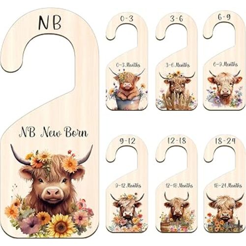 Baby Closet Dividers Decor - 7PCS Highland Cow Wooden Double Sided Closet Dividers Baby Boys Girls Newborn to 24 Months Baby Clothes Dividers for Closet Home Nursery Closet Dividers Supplies
