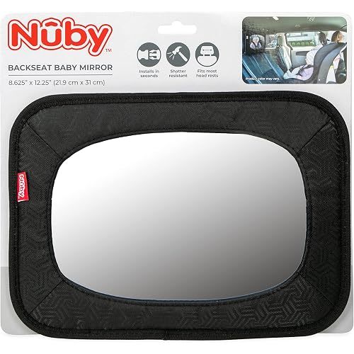 Nuby Backseat Baby Mirror with Fully Adjustable Straps, Shatter Resistant, Installs in Seconds, Black