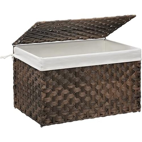 Wicker Storage Basket with Lid, 17.2 Gallon (65L) Small Blanket Basket with Lid, Woven Storage Bin with Handles, Removable Liner, Metal Frame, Foldable, for Bedroom, Laundry Room, Brown