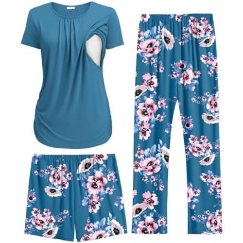 Ekouaer Maternity Nursing Pajamas Set 3 Piece Postpartum Lounge Breastfeeding Pjs Pregnancy Shorts & Pants S-XXL