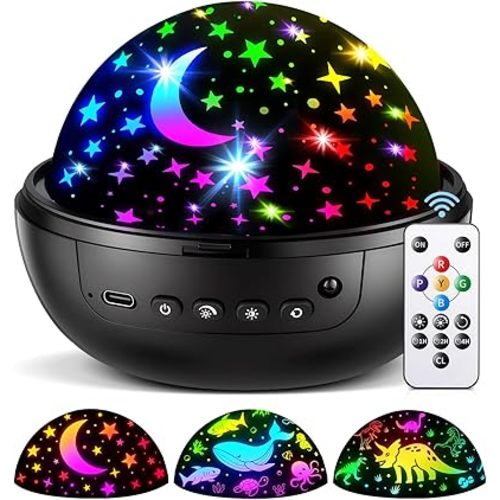 COOLNIGHT Night Light for Kids, 93 Lighting+3 Films Kids Night Light Projector, Remote+Dimmable Star Projector, 360°Slient Glow in The Dark Stars for Ceiling, Gift for 3-8
