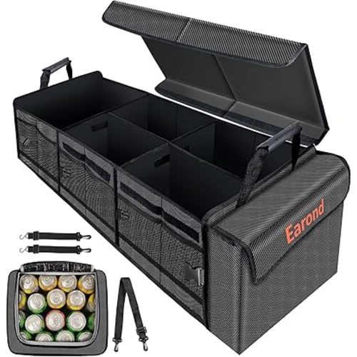 Car Trunk Organizer with Portable Leakproof Cooler Bag,Foldable Cover,Adjustable Securing Straps,Collapsible for Car,SUV,Truck and Other Vehicles(4-in-1 with Cooler)