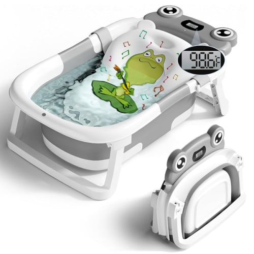 Baby Bathtub, Collapsible Newborn Bathtub for Infant to Toddler 0-24 Months with Soft Cushion and Thermometer,Portable Travel Newborn Tub with No-Slip Feet, Baby Shower Gifts,Grey