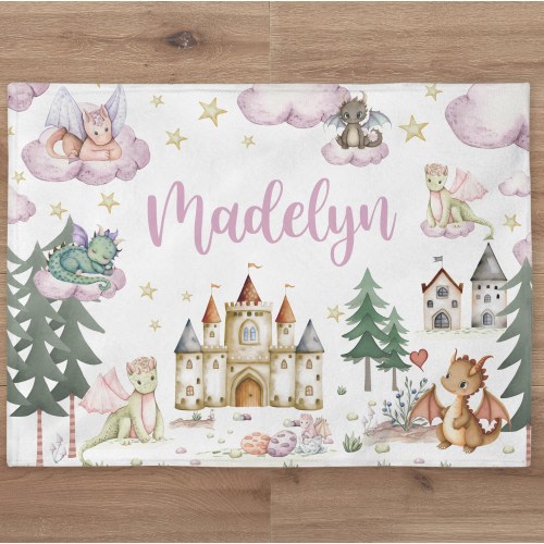 Personalized Dragon Baby Girl Name Blanket | Fairy Tale Name Blanket | New Baby Gift | Custom Dragon Theme Nursery | Baby Shower Gift