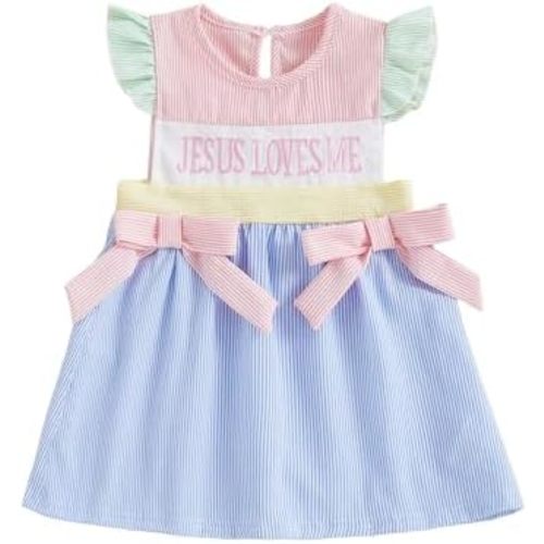 Toddler Baby Girl Summer Clothes Jesus Loves Me Embroidery Smocked Dress Stripe Ruffle Sleeve Dresses Baptism Outfit