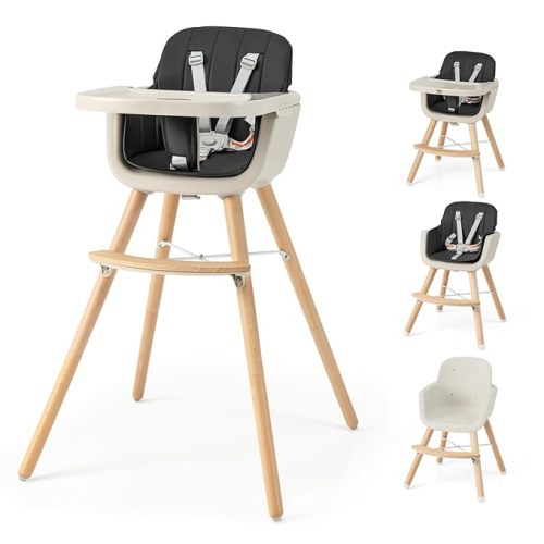 HONEY JOY Baby High Chair, 6-in-1 Eat & Grow Wooden Highchair/Toddler Chair with Removable Tray, 5-Point Harness, PU Cushion and Footrest, Convertible High Chair for Babies and Toddlers(Black)