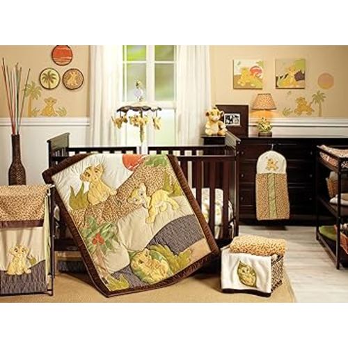 Disney Lion King Simba's Wild Adventure 7 Piece Nursery Crib Bedding Set, Appliqued Comforter, Sage, Orange, Brown, Ivory