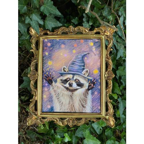 Raccoon Wizard Print, Whimsical Animal Wall Art, Physical Shipped Print, Mystical Animal Decor