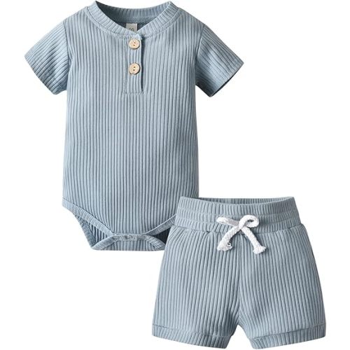 Derouetkia Summer Newborn Baby Boy Girl Clothes Solid Color Ribbed Romper and Shorts Outfits Set