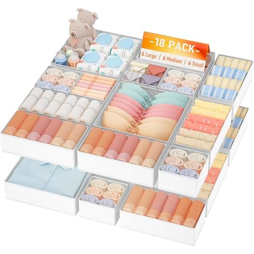 DIMJ Drawer Organizer Clothes Storage- 18 Pack Baby Dresser Organizer for Nursery, Foldable Closet Drawer Organizer Bins for Bedroom Organization, Fabric Storage Dividers for Socks, Underwears, Bras