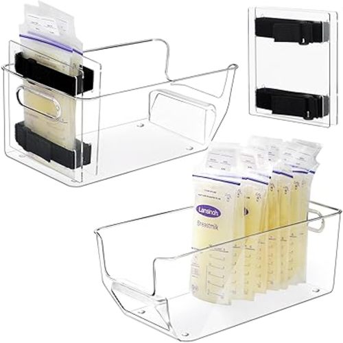 Breastmilk Storage Containers with Breastmilk Freezer Flattener Kit, Widen Breast Milk Storage Bag Organizer for Fridge, Flat Evenly Save Refrigerator Space (2 Containers 1 Set Freezer Flattener)