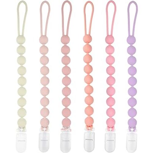 Silicone Pacifier Clip Holder, 6 Pack One Piece Soft Flexible Binky Clips Pacifier Holder Clip for Girls, Baby Girl Newborn Essentials, Teething Relief