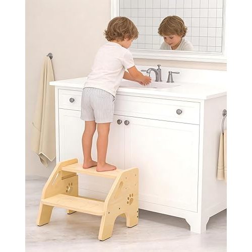 Toddler Step Stool Wooden 2 Step - Non-Slip Kids Stool for Bathroom Sink with Adjustable Height and Cute Pattern - 300lbs Support Stepping Stool for Bathroom Kitchen Children’s Room
