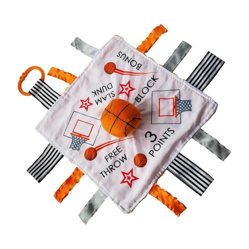 Baby Jack & Co 10x10” Basketball Sports Lovey Sensory Plush Blanket - Tag Toy for Babies - Baby Stroller Toy - Learn Shapes, Letters & Colors - Baby Ball Toy & Baby Sports Gift w/Stroller Clip