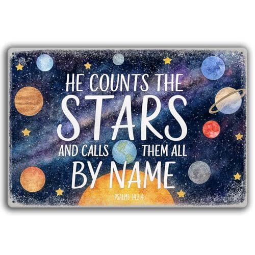 Space Themed Metal Tin Sign – “He Counts the Stars and Calls Them All by Name” Bible Verse Wall Art – Christian Galaxy Decor for Boys Room, Nursery, or Classroom – Outer Space Room Decor 8x12 Inch