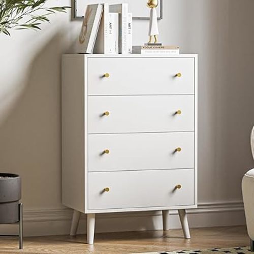 White Dresser 4 Drawer, Chest of Drawers for Bedroom, Modern White Dresser with Gold Handles for Bedroom