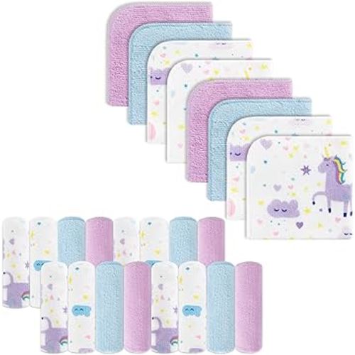 Baby Washcloths, 24Pack Baby Wash Cloths Extra Soft & Ultra Absorbent, Baby Towels and Washcloths Face Towels for Unisex Boys Girls Body, Washclothes Gentle on Sensitive Skin, 9x9 Rainbow Unicorn