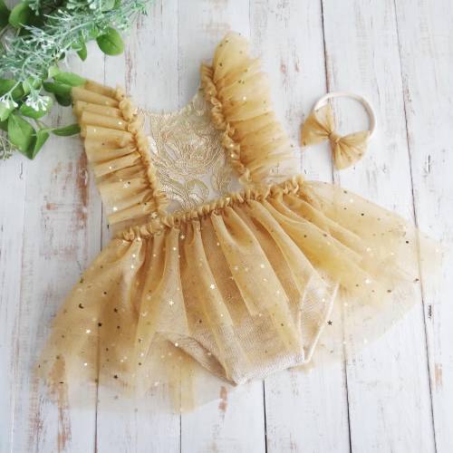 Gold Photo Prop Romper For Cake Smash Session, Sitter Baby Girl Dress With Stars, Made To Order