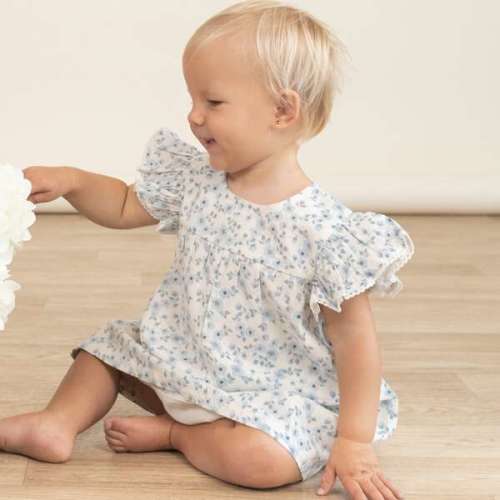 Organic Short Sleeve Flutter Dress, Blue Vines - Makemake Organics | Maisonette