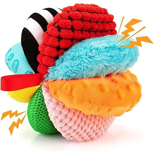 8-in-1 Sensory Balls for Infant Toddlers,Rainbow Fabric Baby Toy for Sensory Development,Montessori Toys for Babies 6-12 Months,8 Different Sensory Tactile Textures with Crinkle Rattle Squeakers