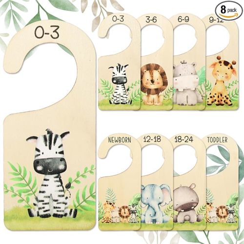 Whaline 8Pcs Baby Closet Size Dividers Watercolor Safari Animals Hanging Wooden Baby Closet Organizer Newborn to 24 Months Thicken Baby Wardrobe Organizer