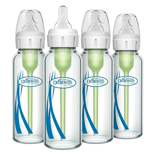 Dr. Brown's Natural Flow Anti-Colic Options+ Narrow Glass Baby Bottle 8 oz/250 mL, with Level 1 Slow Flow Nipple, 4 Pack, 0m+
