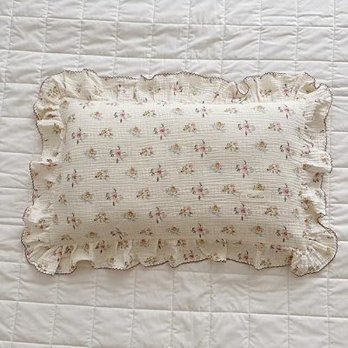 BuLuTu Cotton Muslin Kids Toddler Pillowcase with Cute Azalea Flowers Pattern Super Soft Crib Nursery Pillowcase for Boys,Girls,Bedding Decor Machine Washable, Durable Pillowcase,1 Piece,Standard