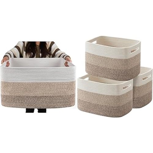 OIAHOMY Storage Basket, Woven Baskets for Storage - Pack of 3-Large Cotton Rope Basket, Rectangle Woven Baskets for Storage(Gradient Yellow)