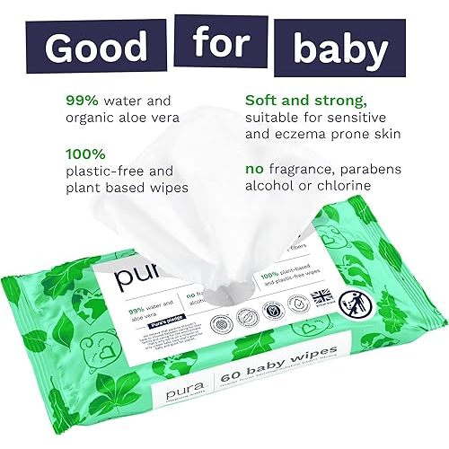 Pura Natural Sensitive Baby Wipes, 99% Water, Unscented & Hypoallergenic, Suitable for Sensitive & Eczema-prone Skin, Hypoallergenic, EWG Verified, 10 Pack of 60 Wet Wipes (600 Diaper Wipes) Bulk Buy