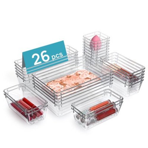 Vtopmart 26 PCS Clear Plastic Drawer Organizers Set, 4-Size Versatile Bathroom and Vanity Storage Bins