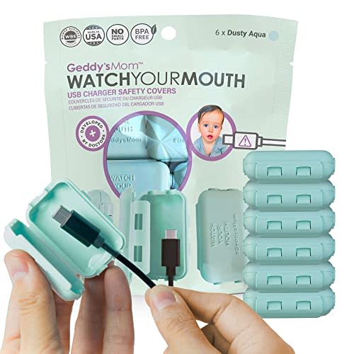 Geddy's Mom - Watch Your Mouth - The Award Winning USB Charger Child Safety Cover - Made in The USA - Baby Proofing Toddler Shock Prevention - 6 Pack (Dusty Aqua)