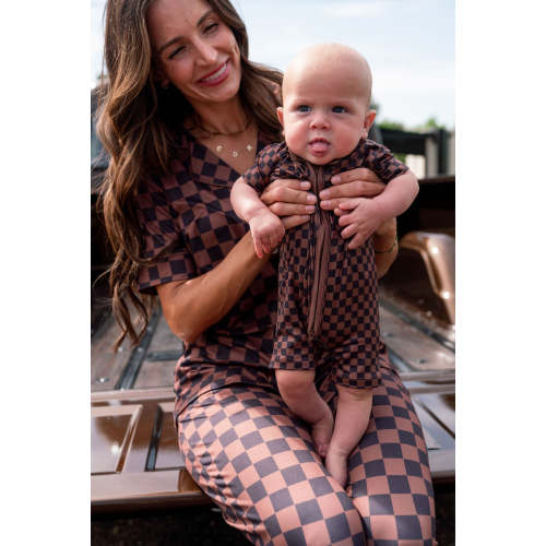 BLACK + BROWN MINI CHECKER | SHORT ZIPPER ONE PIECE