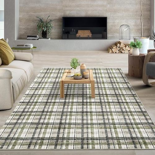 10x13 Area Rug for Living Room Washable Rugs Farmhouse Bedroom Rug Large Rug Non Slip Modern Plaid Throw Rugs for Dining Room Stain Resistant Carpet for Office Classroom, Green&Taupe
