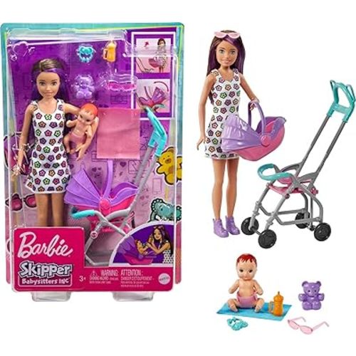 Barbie Skipper Babysitters Inc Playset with Doll, Stroller, Baby Doll & 5 Accessories, Remove Stroller Seat for Carrier