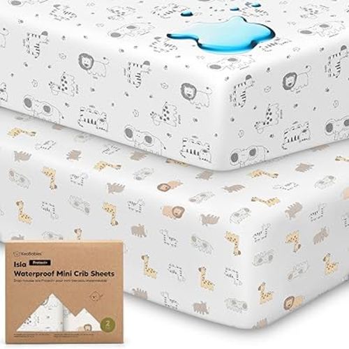 2-Pack Waterproof Pack and Play Sheets, Mini Crib Sheets Fitted for Boy, Girl - 38 x 26 Viscose from Bamboo Pack N Play Mattress Sheets for Graco, Toddler Playard Baby Crib Sheets Neutral (KeaSafari)