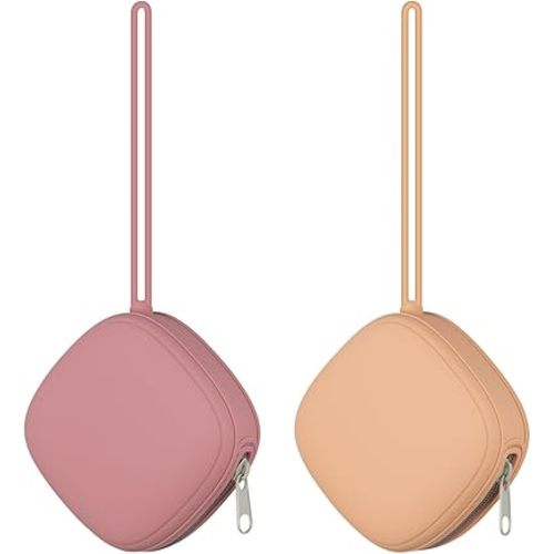 2 Pack Silicone Pacifier Holder Case, Portable Pacifier Case For Diaper Bag, BPA Free Newborn Baby Pacifiers Silicone Pouch For Boys & Girls (Apricot+Powder Rose)
