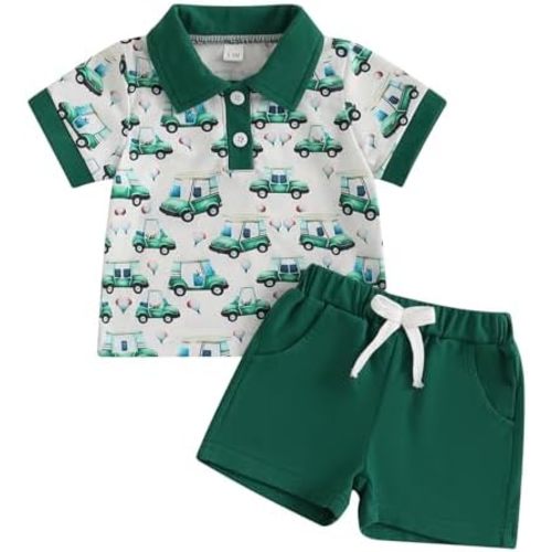 Infant Toddler Baby Boy Golf Outfit Summer Lapel Collar Short Sleeve Button T-shirt Shorts Pants Set 2Pcs Golfing Clothes