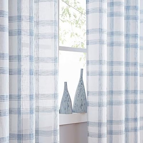 Linen Blue White Window Curtain Panel Pairs for Living Room Extra Long Geometric Check Grommets Top Semi Sheer Window Treatment Heavy Rustic Style Drapes for Bedroom 54x108 Inches 2 Panels
