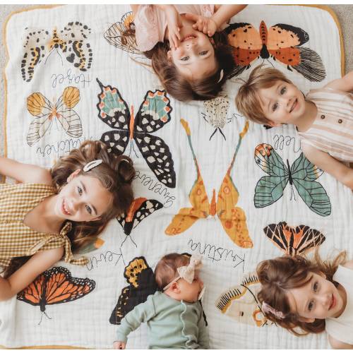 Personalized Butterfly Cotton Muslin Throw for Kids - Family Tree Quilt - Group Name Quilt - Baby and Toddler Quilt Blanket Swaddle