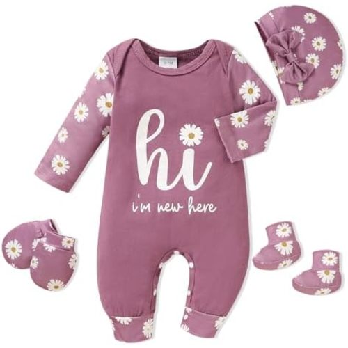 Sinhoon Newborn Baby Girl Romper Infant Letter Print Bodysuit Jumpsuit+Hat+Gloves+Socks 4Pcs Coming Home Clothes Outfit