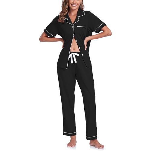 COLORFULLEAF Women's 100% Cotton Pajama Set Button Down Sleepwear Short Sleeve Shirt and Long Pants Soft ladies Lounge Sets
