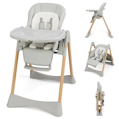 INFANS Baby High Chair, High Chairs for Babies & Toddlers with Adjustable Height Backrest Footrest Removable Tray, Easy to Clean PU Seat Convertible Quick Folding Portable Highchair (Gray)