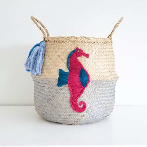 Large seahorse seagrass belly basket for kids toy storage