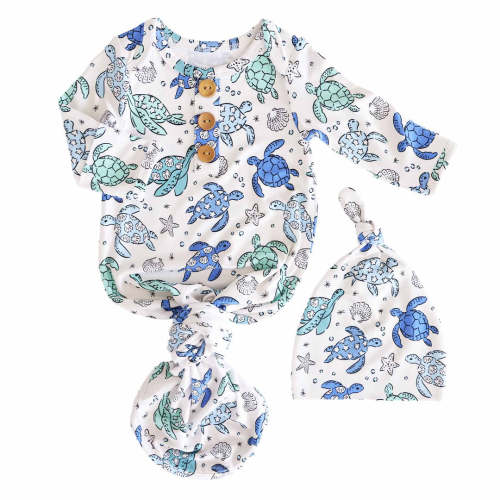 Sea Turtle Splash Newborn Baby Knot Gown & Hat Set